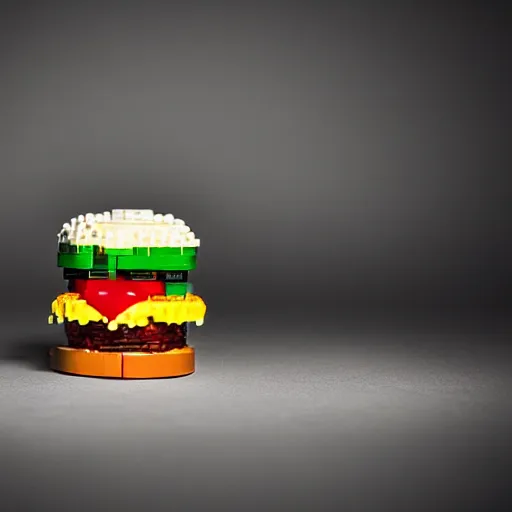 Image similar to a LEGO hamburger, photograph in a dark room, low light 35mm