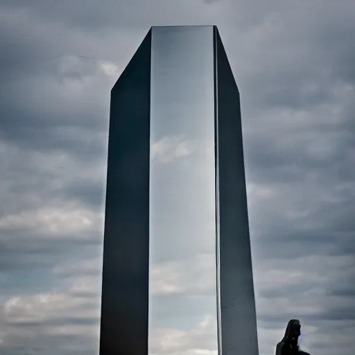Prompt: 4 k portrait sony a 7 f 2. 8 of a gigantic stainless steel reflective shiny statue monolith of president joe biden as a taliban leader with neon lighting and moody cloudy skies