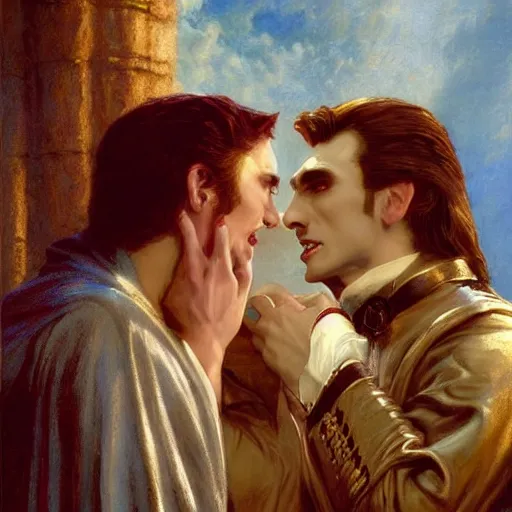 Image similar to attractive male, arthur pendragon confesses his love to attractive male dracula the vampire. highly detailed painting by gaston bussiere, craig mullins, j. c. leyendecker 8 k