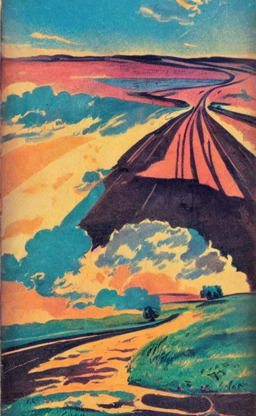 Image similar to paperback book cover. 1 9 5 0 s. pure colors, melting clouds, accurately drawn details, a sunburst above a receding road with the light reflected in furrows and ruts, after rain. and no girls.