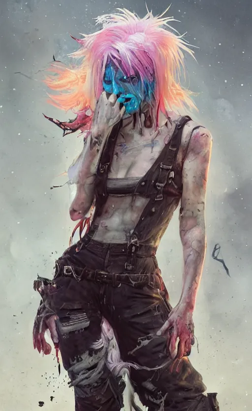 Prompt: a grungy mutant woman with rainbow hair, drunk, angry, soft eyes and narrow chin, dainty figure, long hair straight down, torn overalls, basic white background, side boob, symmetrical, single person, style of by Jordan Grimmer and greg rutkowski, crisp lines and color,