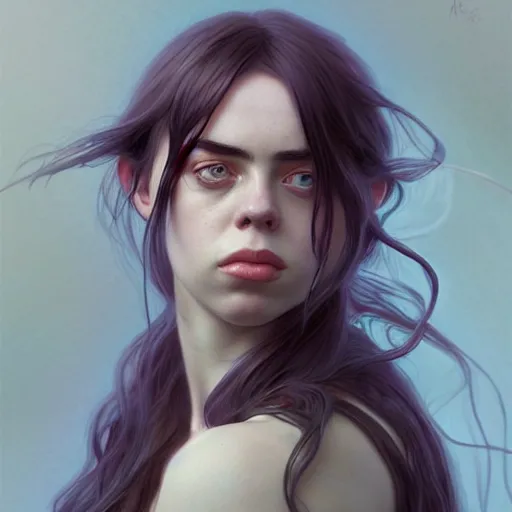 Image similar to portrait of billie eilish, muscular, upper body,big chest, D&D, fantasy, intricate, elegant, highly detailed, digital painting, artstation, concept art, matte, sharp focus, illustration, art by Artgerm and Greg Rutkowski and Alphonse Mucha