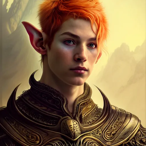 Image similar to portrait painting of an elven male teen with a soft expression and short light orange hair and tribal tattoos on his face wearing fur armor, ultra realistic, concept art, intricate details, eerie, highly detailed, photorealistic, octane render, 8 k, unreal engine. art by artgerm and greg rutkowski and charlie bowater and magali villeneuve and alphonse mucha