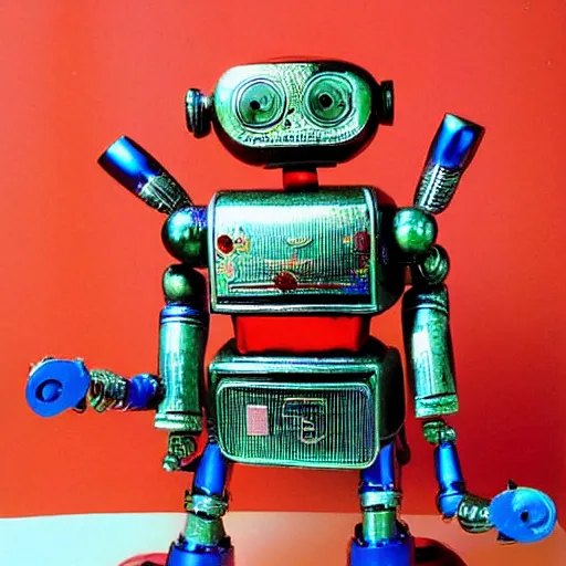 Image similar to japanese tin toy robot, 1 9 6 0, metal, windup, colorful, photograph, brightly painted, highly detailed