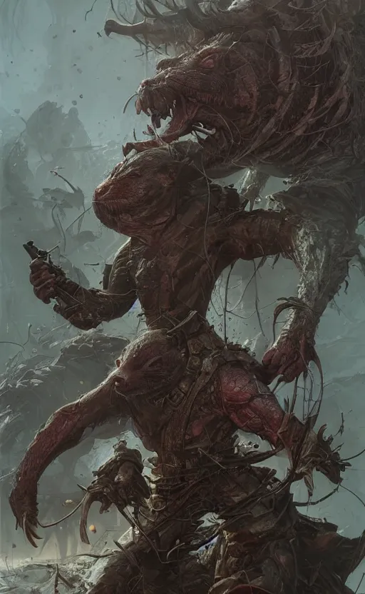 Prompt: rats of swamp with gatling, front game card, drark, marvel comics, dark, intricate, highly detailed, smooth, artstation, digital illustration by ruan jia and mandy jurgens and artgerm and wayne barlowe and greg rutkowski and zdislav beksinski