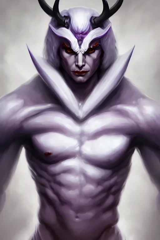 Prompt: human male demon, full body white purple, focus, closup, portrait, hero, character concept art, costume design, black eyes, white horns, trending on artstation, Artgerm , WLOP