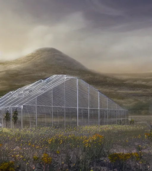 Image similar to a matte painting of a white biroremediation architecture, greenhouse in the mining tailings in the desert, prairie, cottage town, foggy, patchy flowers, oil painting, pale colors, high detail, 8 k, wide angle, trending on artstation, behance