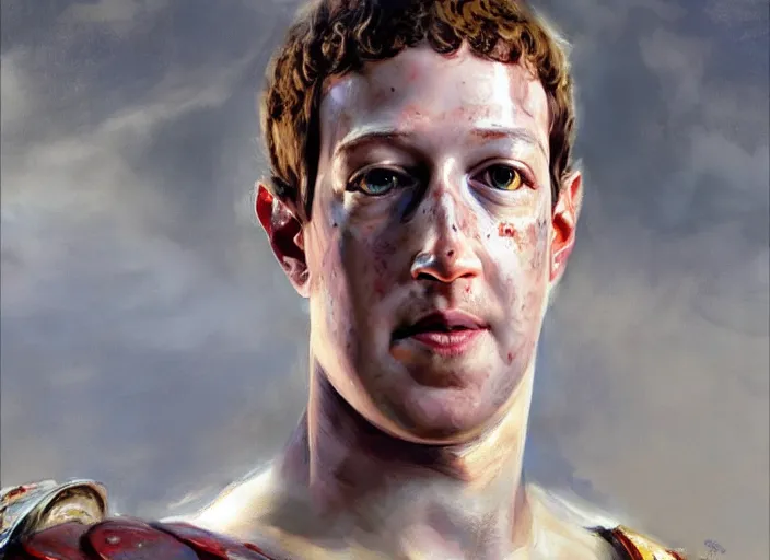 Image similar to a highly detailed beautiful portrait of mark zuckerberg as kratos, by gregory manchess, james gurney, james jean