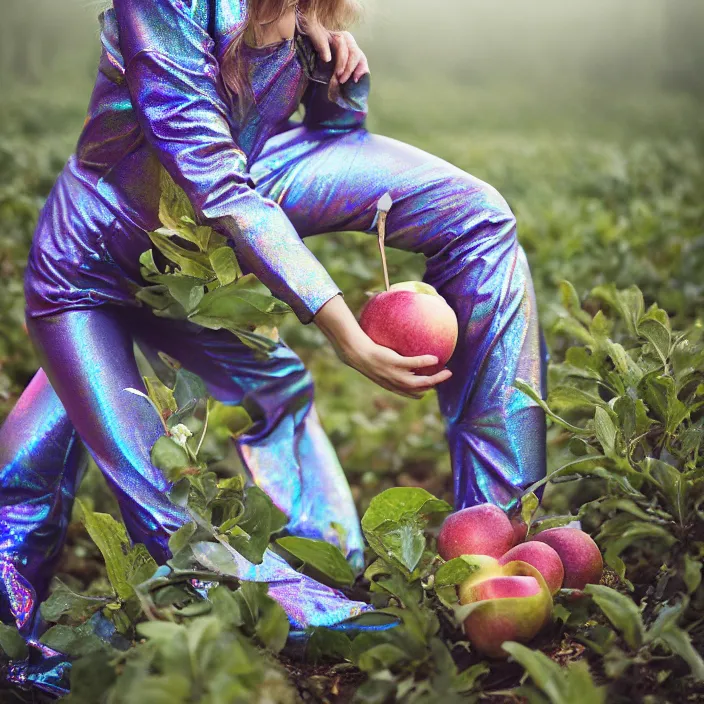 Image similar to a closeup portrait of a woman wearing a muddy iridescent holographic spacesuit, picking apples from a tree in an orchard, foggy, moody, photograph, by vincent desiderio, canon eos c 3 0 0, ƒ 1. 8, 3 5 mm, 8 k, medium - format print