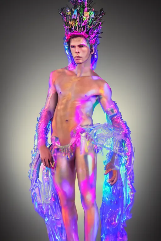 Prompt: full-body rococo and cyberpunk delicate neon crystalline sculpture of (((muscular slender Nick Jonas))) as an iridescent humanoid deity wearing a thin see-through ((plastic hooded cloak)) sim roupa (holding a human skull), reclining con (las piernas abiertas), glowing pink face, crown of (((white lasers))), large diamonds, swirling black silk fabric. futuristic elements. oozing glowing liquid, full-length view. space robots. intricate artwork by caravaggio. Trending on artstation, octane render, cinematic lighting from the right, hyper realism, octane render, 8k, depth of field, 3D