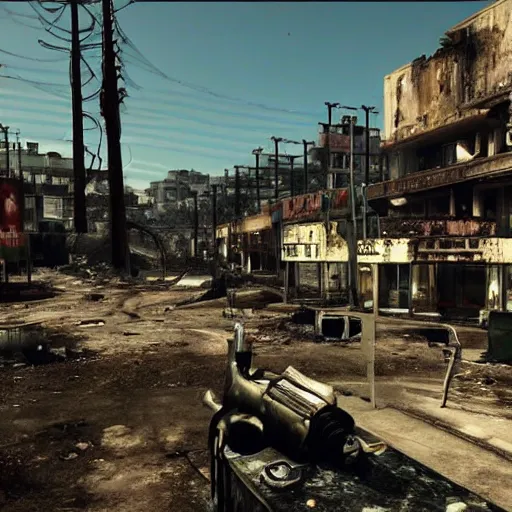 Image similar to Cannes, France in ruins post-nuclear war in Fallout 4, in game screenshot