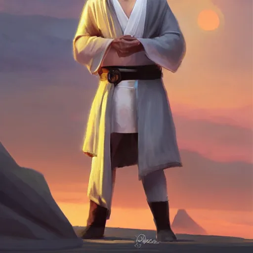 Image similar to a young blonde male jedi with short hair standing still looking at the sunset concept art by Doug Chiang cinematic, realistic painting, high definition, concept art