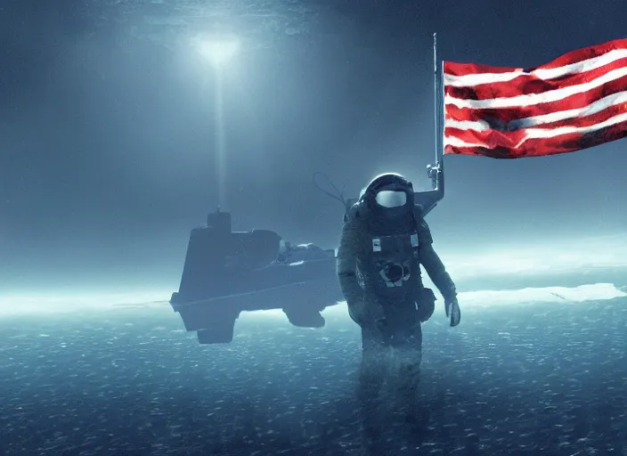 Image similar to astronaut holding a flag in an underwater desert. a submarine is visible in the distance. dark, concept art, cinematic, dramatic, atmospheric, 8 k, trending on artstation, blue, fish, low visibility, fog, ocean floor, christopher nolan, interstellar