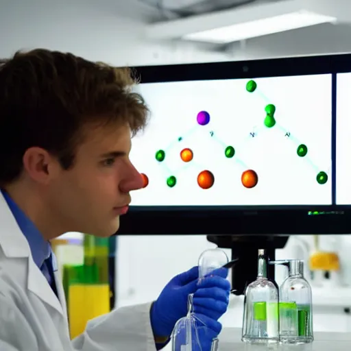 Prompt: a duck scientist in a lab looking at chemistry molecule diagrams on a screen, the duck sits at a table, super resolution, 8k