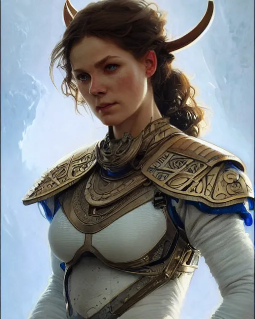 Image similar to portrait of viking, spacesuit, blue eyes, real life skin, intricate, elegant, highly detailed, artstation, concept art, smooth, sharp focus, art by artgerm and greg rutkowski and alphonse mucha