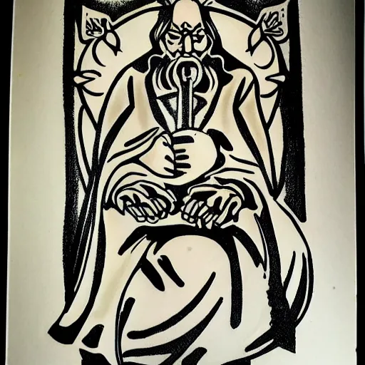 Image similar to tattoo design, stencil, a tarot card, an old man resting on a sword, tarot