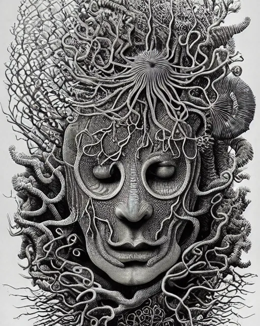 Prompt: hyperrealistic detailed underwater face portrait of the beautiful god of the fish with an intricate headgear of corals, sea kelp, sea plants, fish, starfish, jellyfish, art by ernst haeckel, james jean, gothic, neo - gothic, ornamental, beautiful deep colours,