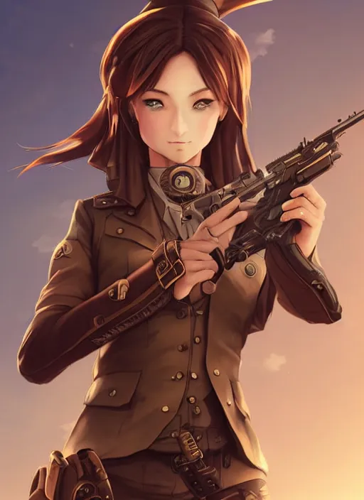 Prompt: girl with steampunk weapons and uniform, serious, finely detailed, made by artgerm, ross tran, full body portrait, illustration, grass, sunny, sky, anime, side view, perfect anime face, realistic face, zoomed out, smooth, brown eyes,