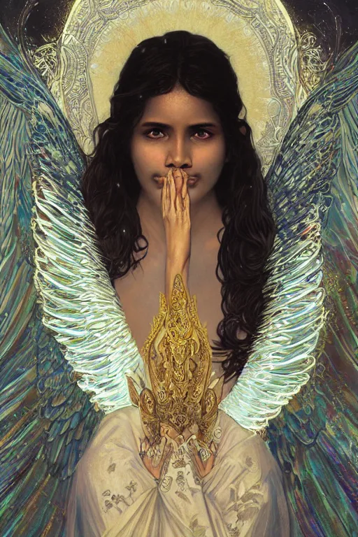 Image similar to Sri lankan girl as a winged angel covered in eyes with glowing halo, iridescent, seraphim, fantasy, intricate, elegant, highly detailed, digital painting, artstation, concept art, smooth, sharp focus, illustration, art by Krenz Cushart and Artem Demura and alphonse mucha