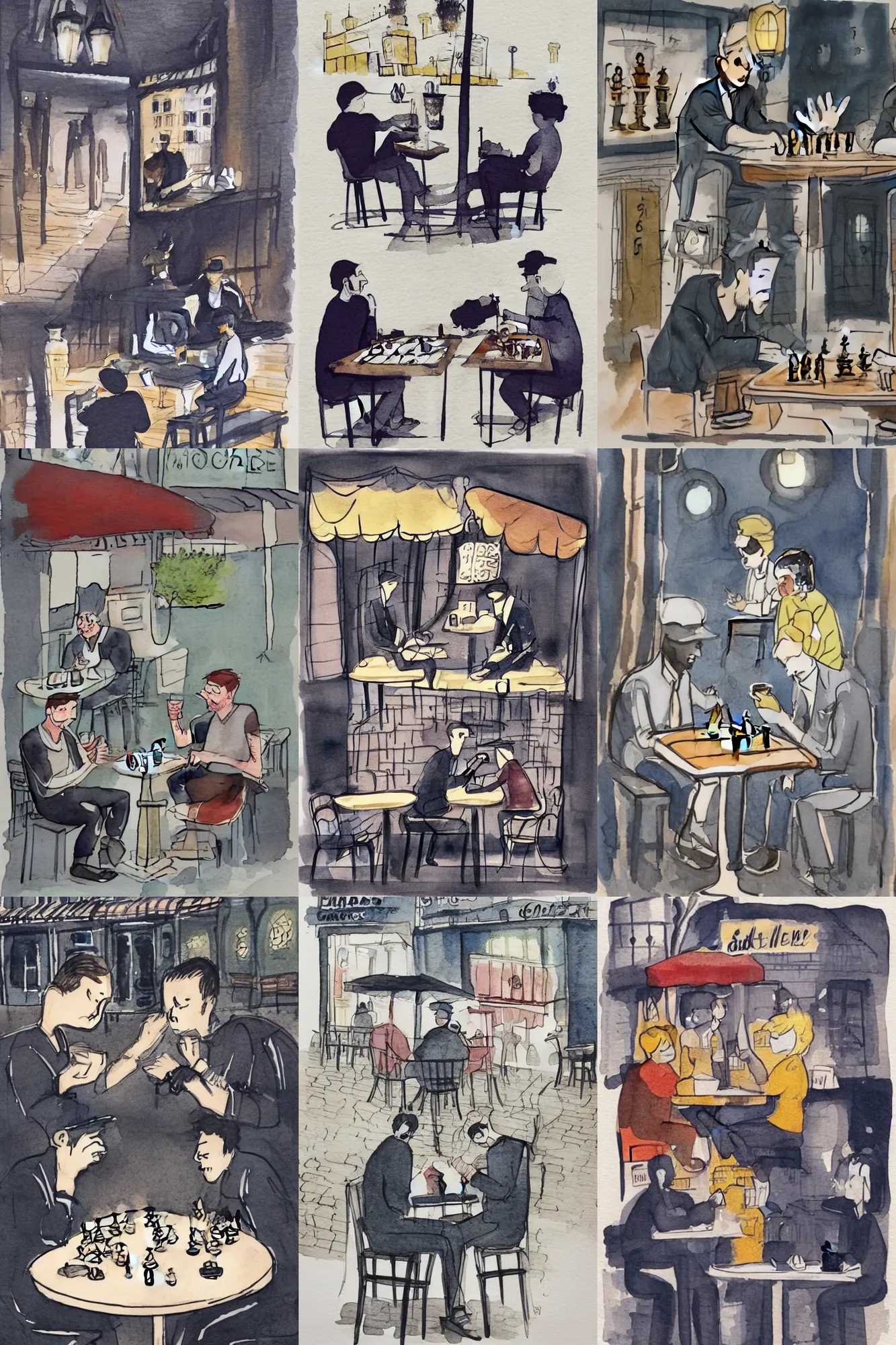 Prompt: Ink and watercolor illustration of !!!two men!!! sitting outside a café at night, !!playing chess!!, illustration by Luci Power