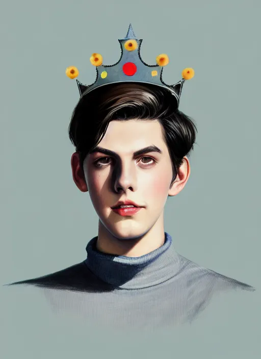 Image similar to portrait of teenage jughead jones wearing a light grey crown, crown, blue turtleneck, closed eyes, photorealistic, black hair, glowing lighting, intricate, elegant, glowing lights, highly detailed, digital painting, artstation, concept art, smooth, sharp focus, illustration, art by wlop, mars ravelo and greg rutkowski