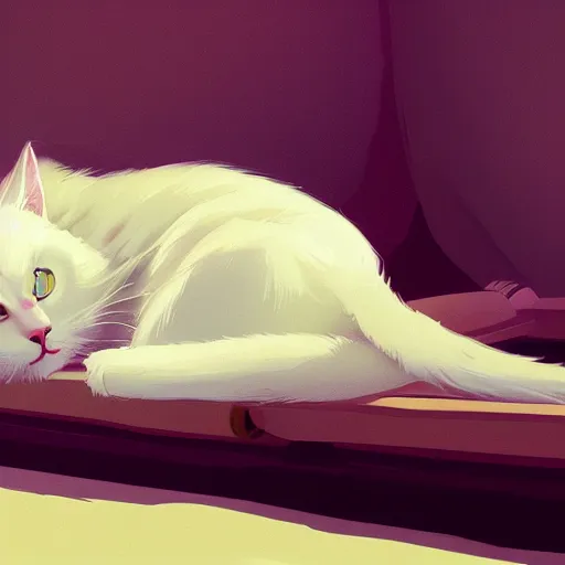 Image similar to a white cat lying on the bed, characterized by roman shipunov, etienne hebinger, atey ghailan, cgsociety, fantasy art, 2 d game art