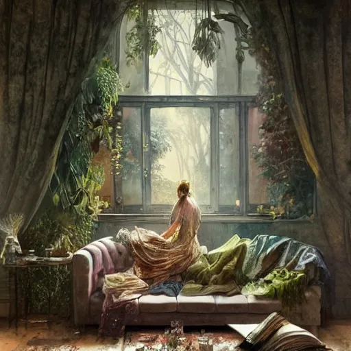 Prompt: a beautifull intricate watercolour painting of a living room with leaves, reflexions, verry high details by william turner art, greg rutkowski and alphonse mucha, trending on artstation, very very detailed, masterpiece, muted colors