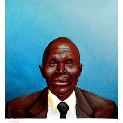 Prompt: a painting of a fatherly wide forehead, round face, XXL , loving, caring, generous, ever-present, humble, wise elder from Kenya in a suit by Wangechi Mutu . Fatherly/daddy, focused, loving, leader, relaxed. blue background, ethereal lights, details, smooth, sharp focus, illustration, realistic, cinematic, artstation, award winning, rgb , unreal engine, octane render, cinematic light, macro, depth of field, blur, , highly detailed epic cinematic concept art CG render made in Maya, Blender and Photoshop, octane render, excellent composition, dynamic dramatic cinematic lighting, aesthetic, very inspirational, arthouse.