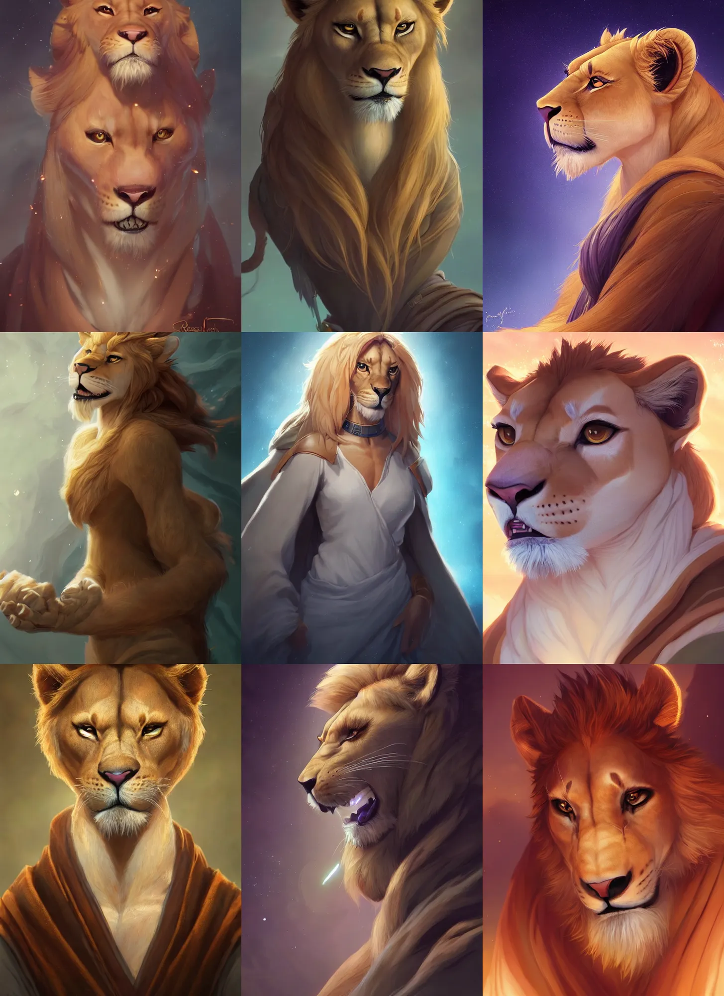 Prompt: beautiful portrait of a female anthropomorphic lioness fursona wearing jedi robes. character design by disney, charlie bowater, ross tran, artgerm, and makoto shinkai, detailed, soft lighting, rendered in octane