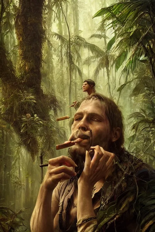 Prompt: a beautiful portrait of august schellenberg taking tobacco snuff in the jungle, hyper realistic face, fantasy art, in the style of greg rutkowski, intricate, matte painting, hyper detailed, smooth