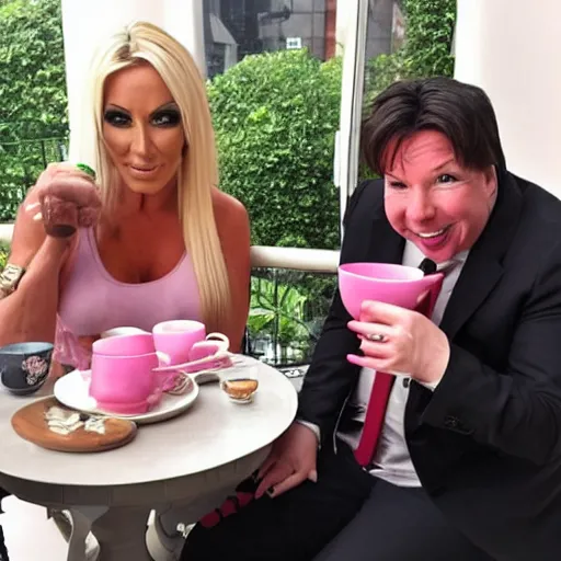 Image similar to jodie marsh & Michael mcintyre & pepper pig having tea at the ritz