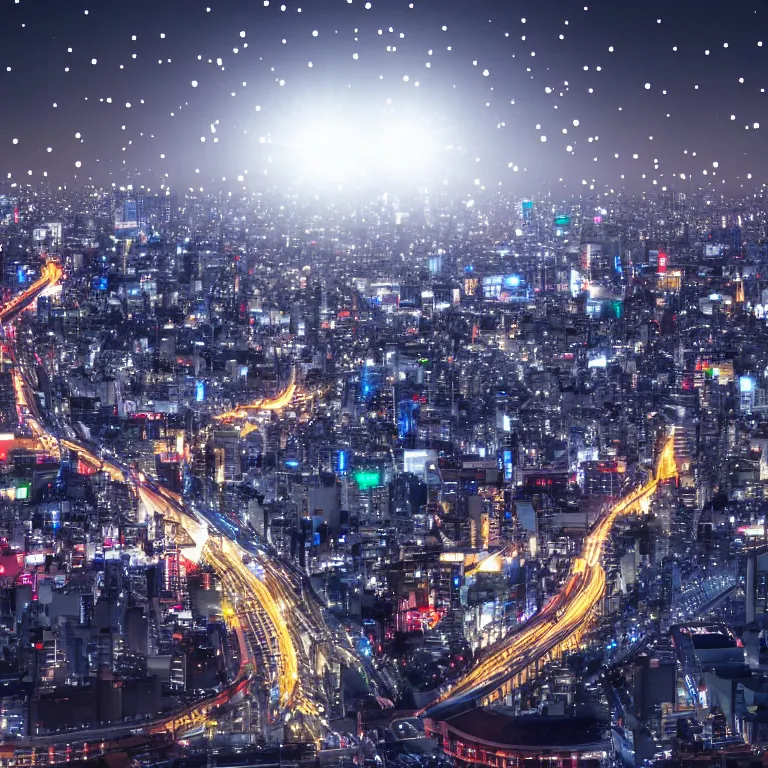 Prompt: beautiful and highly detailed 3 d render of tokyo with many lights and lens flares, snowy winter christmas night