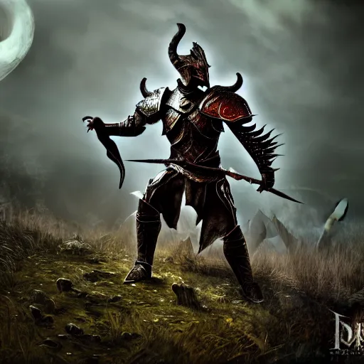 Prompt: full body of a warrior with daedric armor, skyrim ,fantasy, D&D, HDR, natural light, medium close shot, dynamic pose, award winning photograph, Mucha style