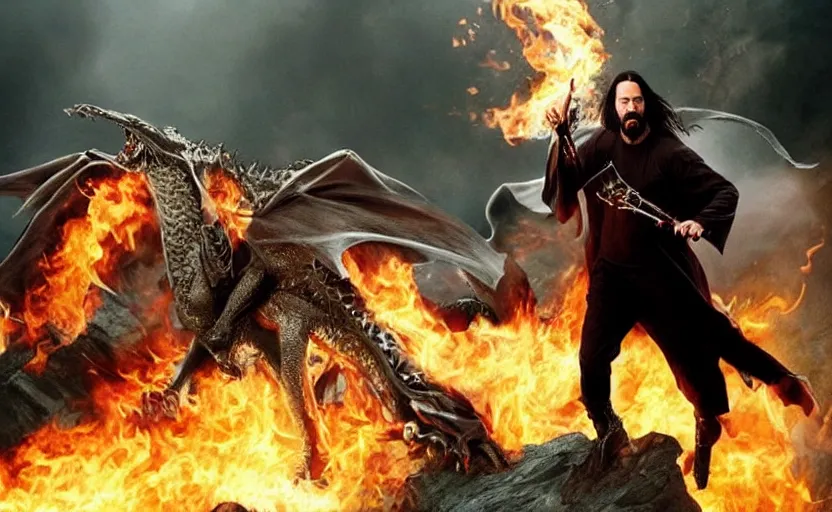 Prompt: keanu reeves dressed in wizard robes fighting a dragon on a fantasy battlefield