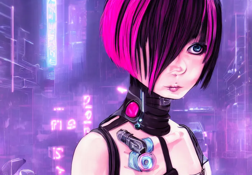 Image similar to little android girl with eccentric pink haircut wearing black feather dress, cyberpunk, anime style artwork, dark, neon, anatomically perfect