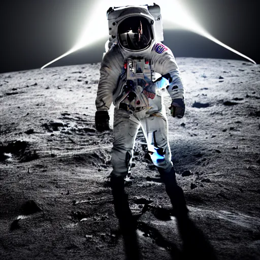 Image similar to photograph of an astronaut against the pitch black darkness of space, nothing behind, full body photo, amazing light and shadow contrast,, 8 k