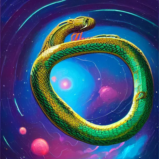 Prompt: a detailed painting of a long space snake serpent floating in space in a sea of colorful sea of stars, by alena aenami, petros afshar and greg rutkowski trending on artstation, deviantart, dragon scales, wyrm, wyvern, dragon, stars