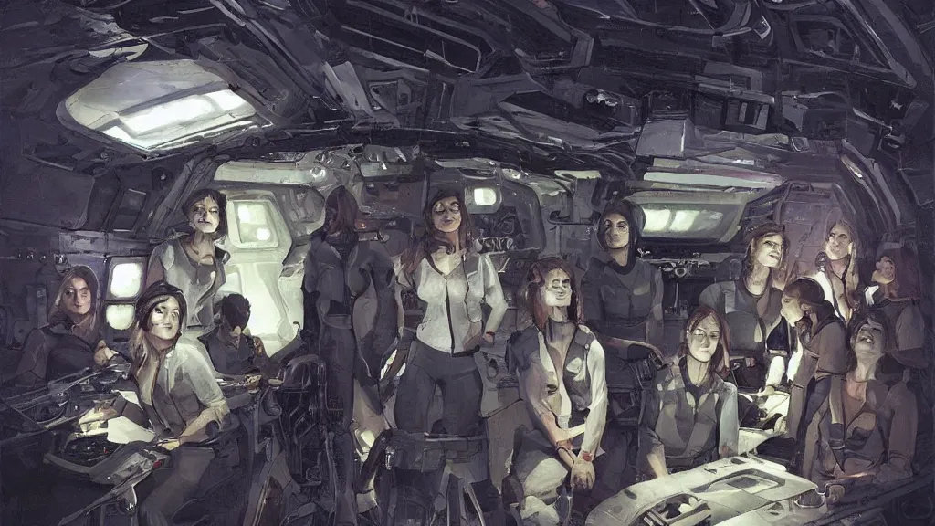 Image similar to all - female crew in a minimalistic, dark ( spaceship ), by jon foster.