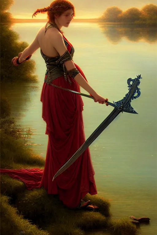 Image similar to a portrait of a sorceress dropping a sword into the lake, illustration, soft lighting, soft details, painting oil on canvas by Edmund Blair Leighton and Charlie Bowater