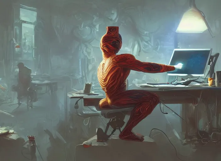 Image similar to an insanely detailed painting of an asian man wearing a homemade superhero costume, sitting at a desk, staring seriously at the computer and typing, in the style of peter mohrbacher, james jean, artgerm, dramatic lighting and composition, surreal background, octane render, pixar, trending on artstation, concept art, comic book, view from behind, 8 k