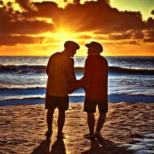 Image similar to vintage gay couple at the beach, nostalgic photography, sunset