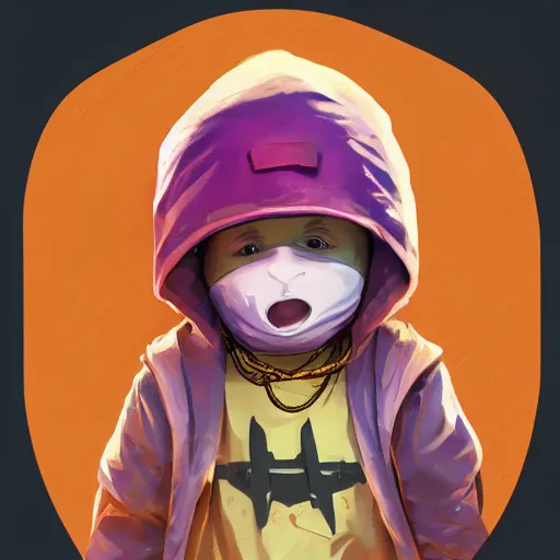 Image similar to baby Angel, baby cherub,wearing angel halo, ski mask, balaclava, face covered, wearing angel halo covered face, orange hoodie, hip hop, multiple golden necklaces, fantasy art apex fortnite Video game icon, 2d game art gta5 cover , official fanart behance hd artstation by Jesper Ejsing, by RHADS, Makoto Shinkai and Lois van baarle, ilya kuvshinov, rossdraws