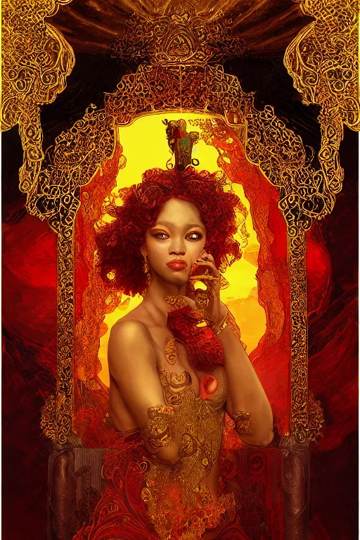 Image similar to tarot card artstation, portrait of a nigerian love dancer, sunrise, baroque ornamnet and rococo ornament, ancient chinese ornate, hyperdetailed, beautiful lighting, craig mullins, mucha, klimt, yoshitaka amano, red and gold and orange color palatte