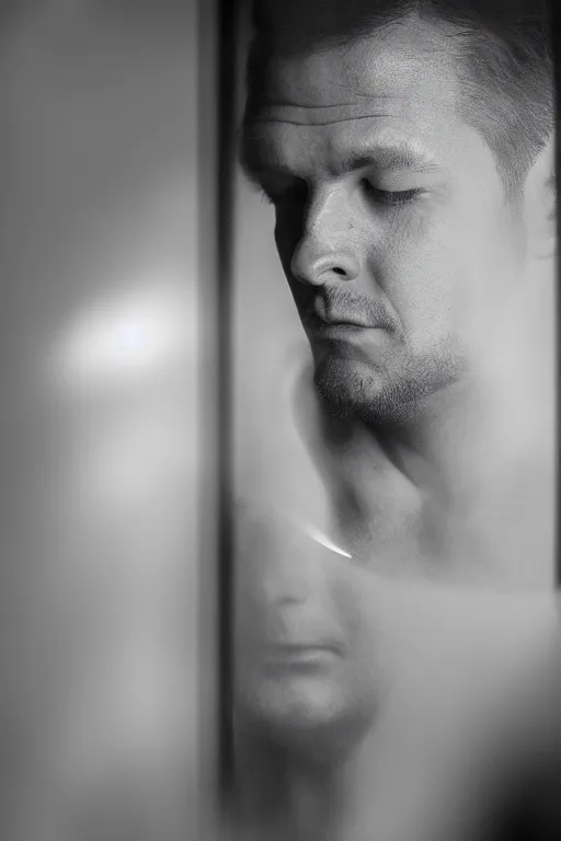 Prompt: man contemplating at his reflection in the mirror, portrait studio, taken with canon eos, f 1. 4, dramatic diffused light, iso 2 0 0,