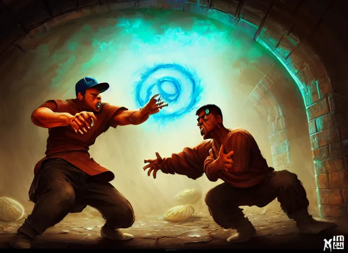 Prompt: a rap battle between two tortillas in an underground basement, by marco bucci and frank frazetta, style of magic the gathering, high resolution, fantasy coloring, intricate, digital painting, artstation, smooth, sharp focus