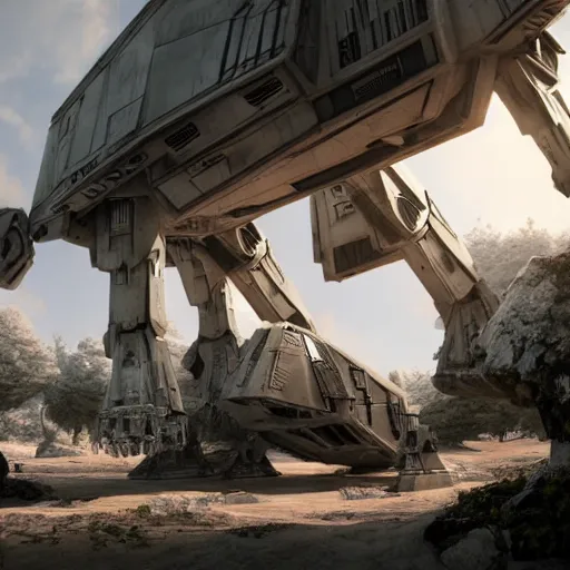 Image similar to a hyperrealistic octane render of a star wars at - at by salvador dali, unreal engine, 8 k, dramatic lighting, volumetric lighting, hyper detailed, photorealistic