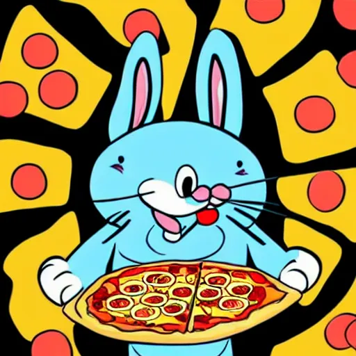 Prompt: cartoon bunny is eating pizza, colorful art