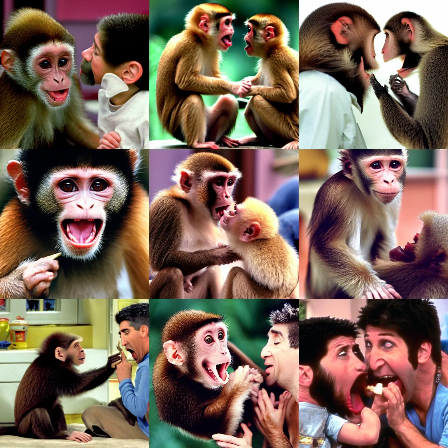 Prompt: a capuchin monkey biting ross geller, ross geller screaming, friends 9 0 s sitcom screenshot,
