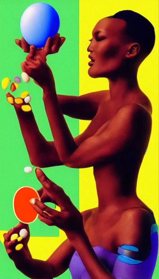 Image similar to beautiful still from retro snes arcade game featuring grace jones feeding her bioenhanced tamagotchi child, hyperreal detailed facial features and uv lighting, retro nintendo bitmap pixel art