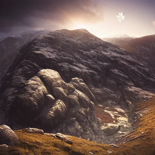 Prompt: wide angle shot of a mountain landscape by michal karcz